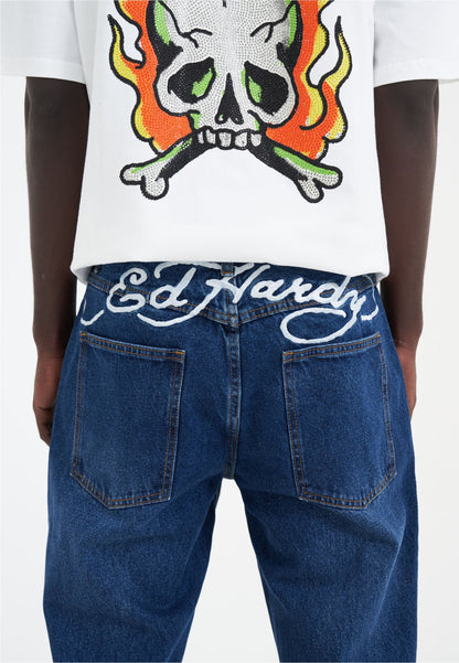 Mens Nyc-Skull Diamante Denim Trousers Jeans - Indigo