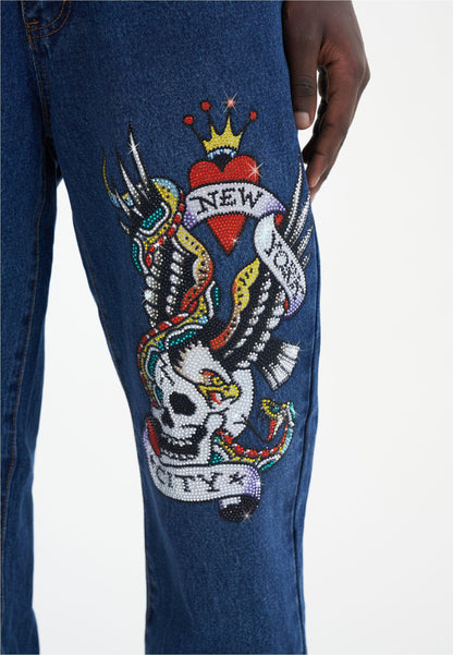 Mens Nyc-Skull Diamante Denim Trousers Jeans - Indigo