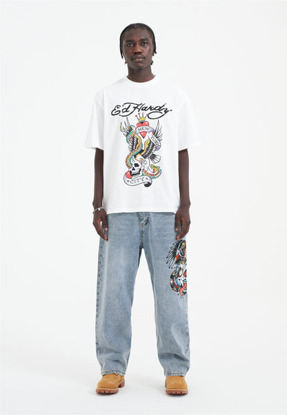 Mens Skull-Snake-Eagle Diamante Denim Trousers Jeans - Bleach