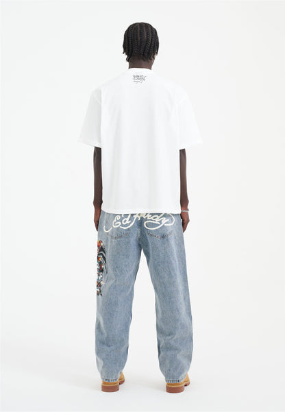 Mens Skull-Snake-Eagle Diamante Denim Trousers Jeans - Bleach