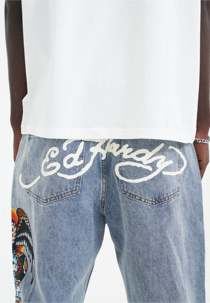 Mens Skull-Snake-Eagle Diamante Denim Trousers Jeans - Bleach
