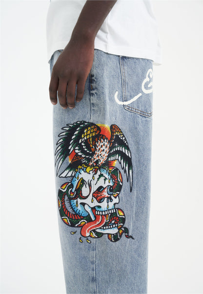 Mens Skull-Snake-Eagle Diamante Denim Trousers Jeans - Bleach