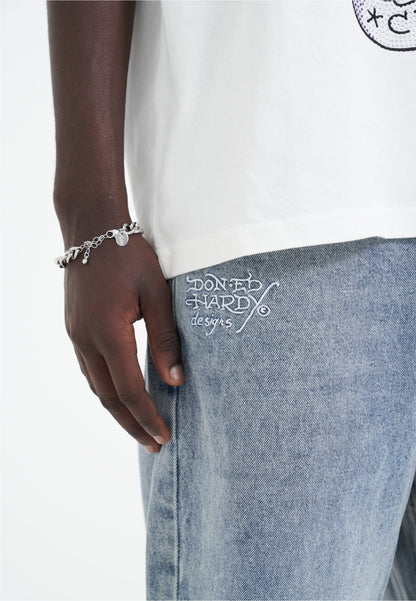 Mens Skull-Snake-Eagle Diamante Denim Trousers Jeans - Bleach
