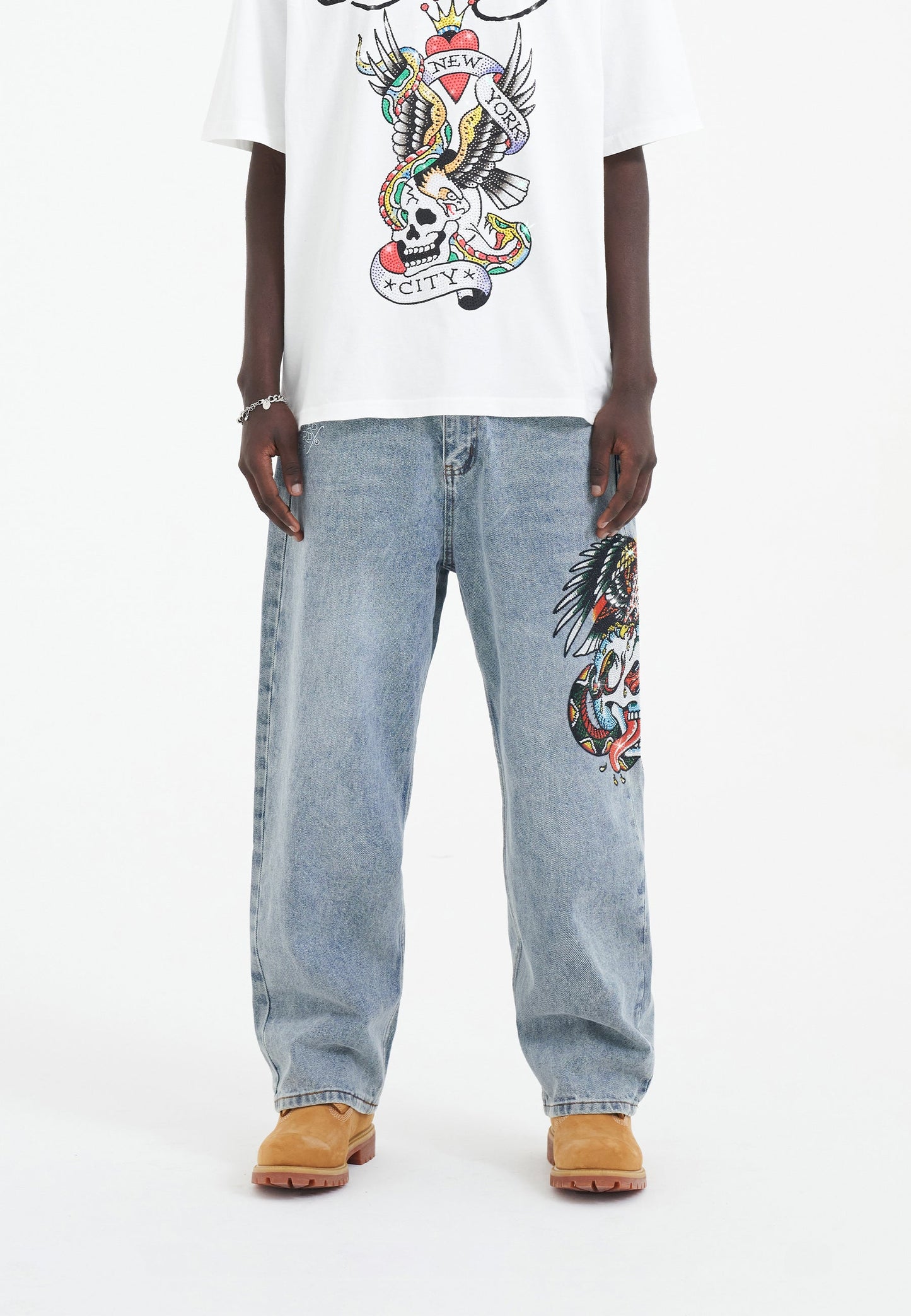 Mens Skull-Snake-Eagle Diamante Denim Trousers Jeans - Bleach