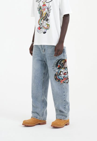 Mens Skull-Snake-Eagle Diamante Denim Trousers Jeans - Bleach