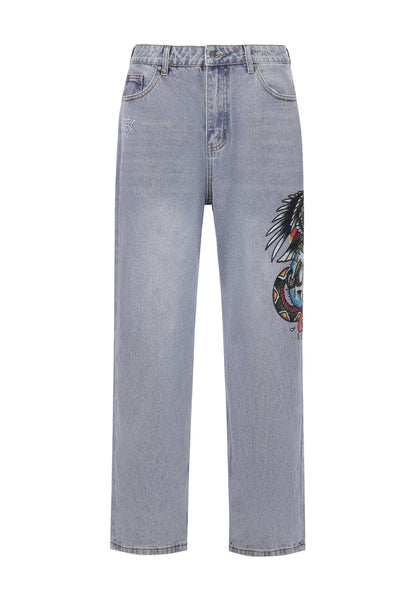 Mens Skull-Snake-Eagle Diamante Denim Trousers Jeans - Bleach