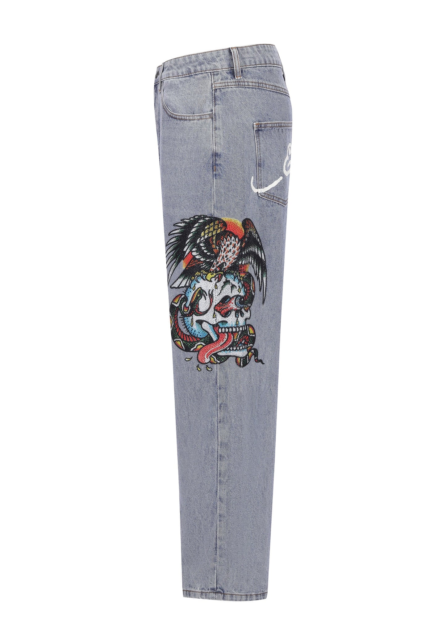Mens Skull-Snake-Eagle Diamante Denim Trousers Jeans - Bleach