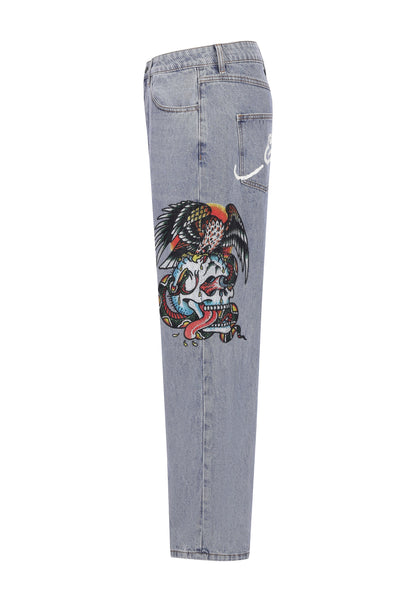 Mens Skull-Snake-Eagle Diamante Denim Trousers Jeans - Bleach