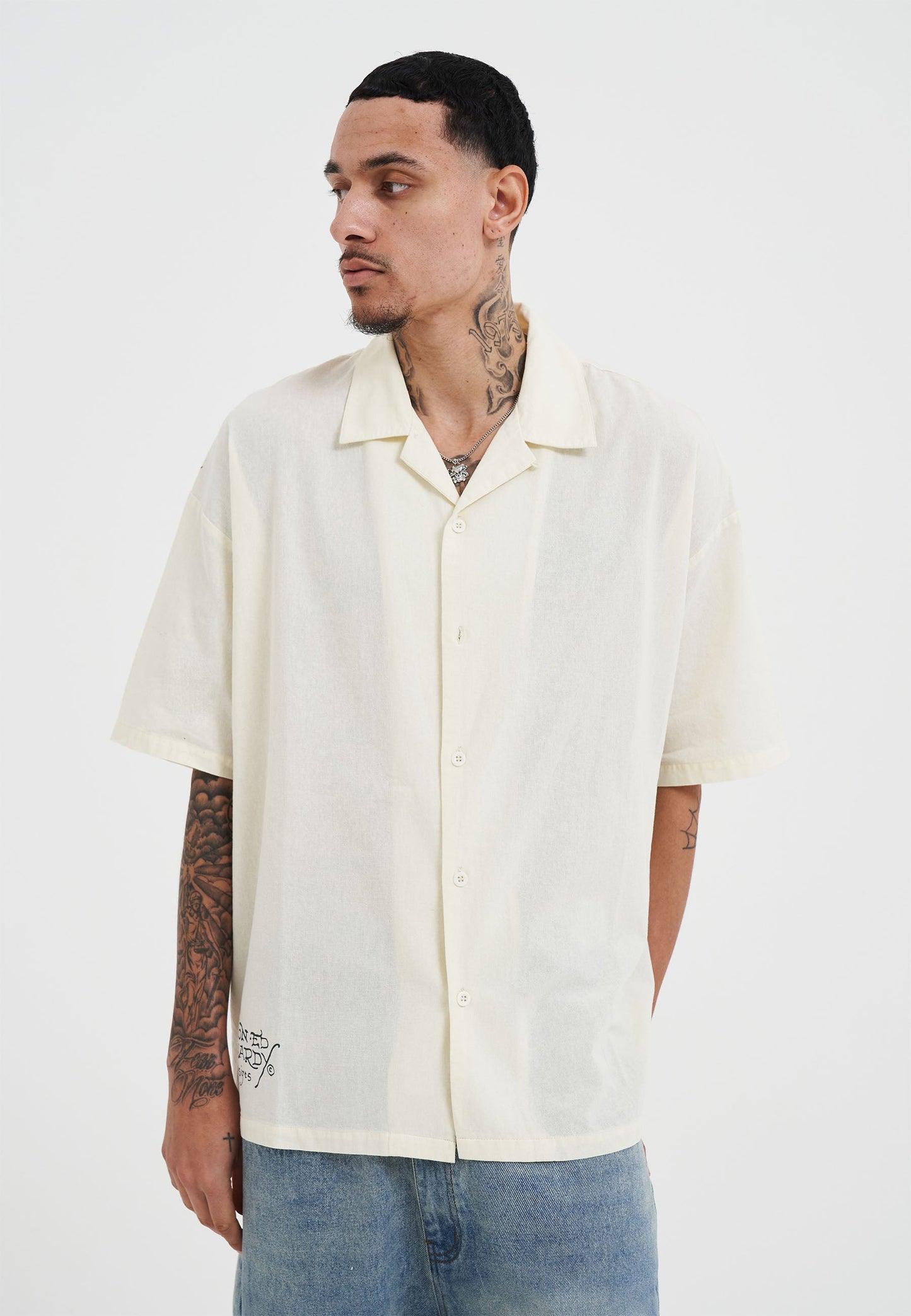 Mens Snakes And Skull Flames Printed Camp Shirt - Beige