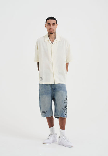 Mens Snakes And Skull Flames Printed Camp Shirt - Beige