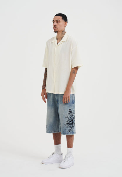 Mens Snakes And Skull Flames Printed Camp Shirt - Beige