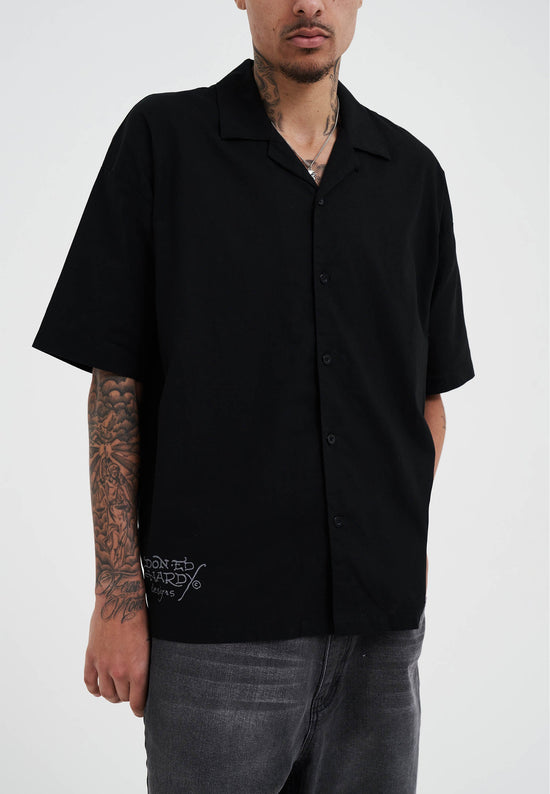 Mens Snakes And Skull Flames Printed Camp Shirt - Black
