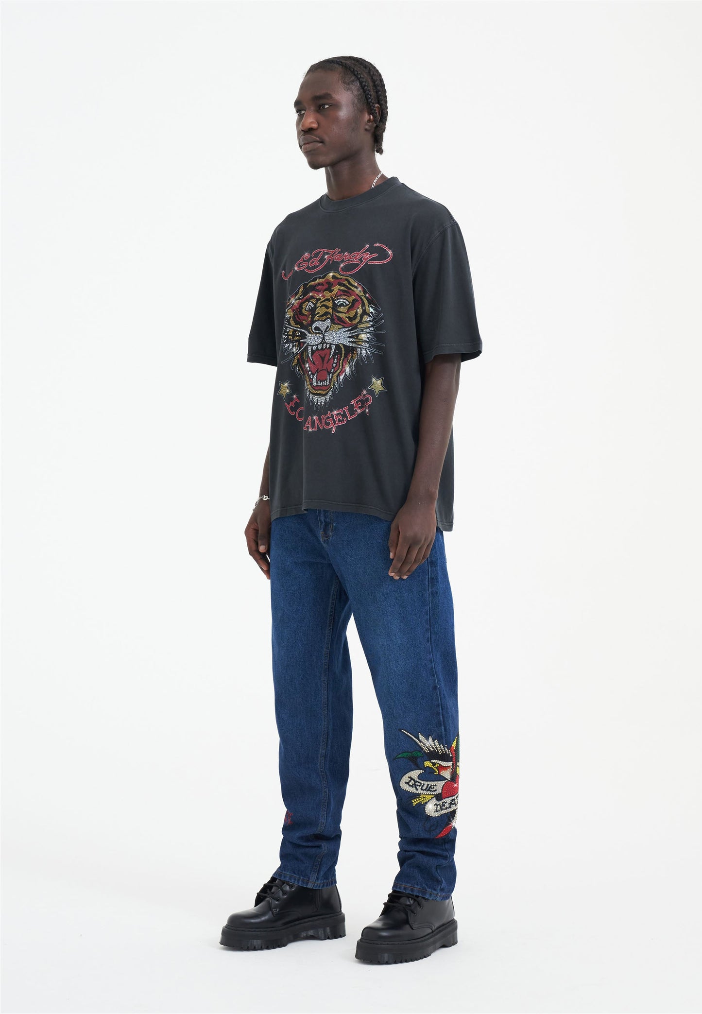 Mens True-Till-Death Diamante Denim Trousers Jeans - Indigo