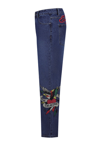 Mens True-Till-Death Diamante Denim Trousers Jeans - Indigo