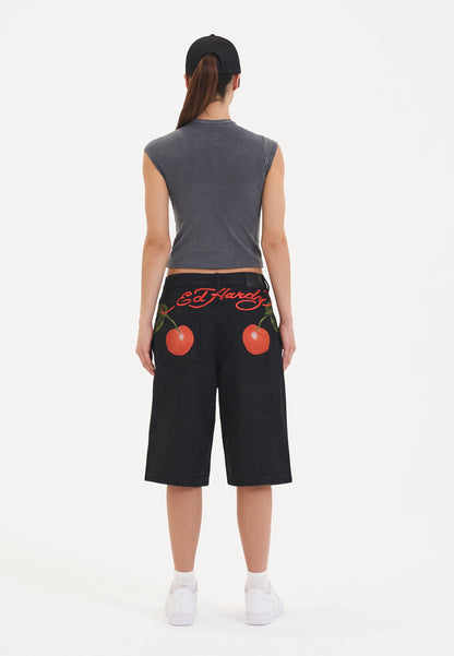 Womens Cherry Love Bomb Relaxed Denim Jorts Shorts - Black