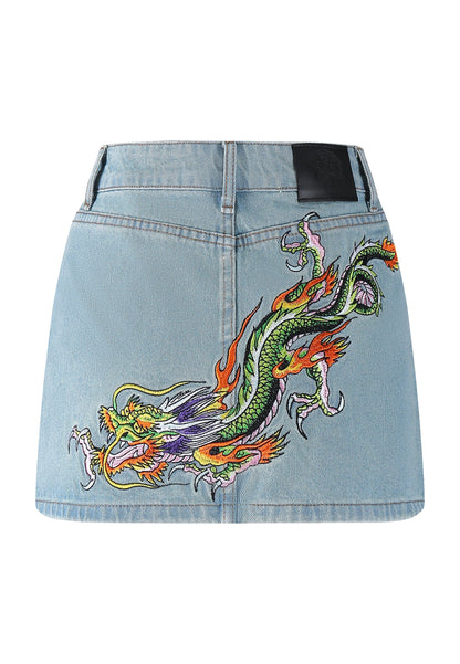 Womens Crawling Dragon Denim Mini Skirt - Blue