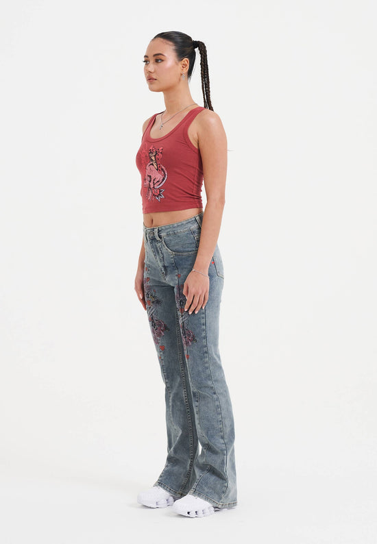 Womens Floral Cross Flared Jeans - Mid Blue