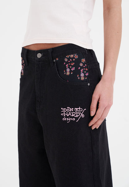 Womens Grey Dragon Relaxed Denim Jorts Shorts - Black