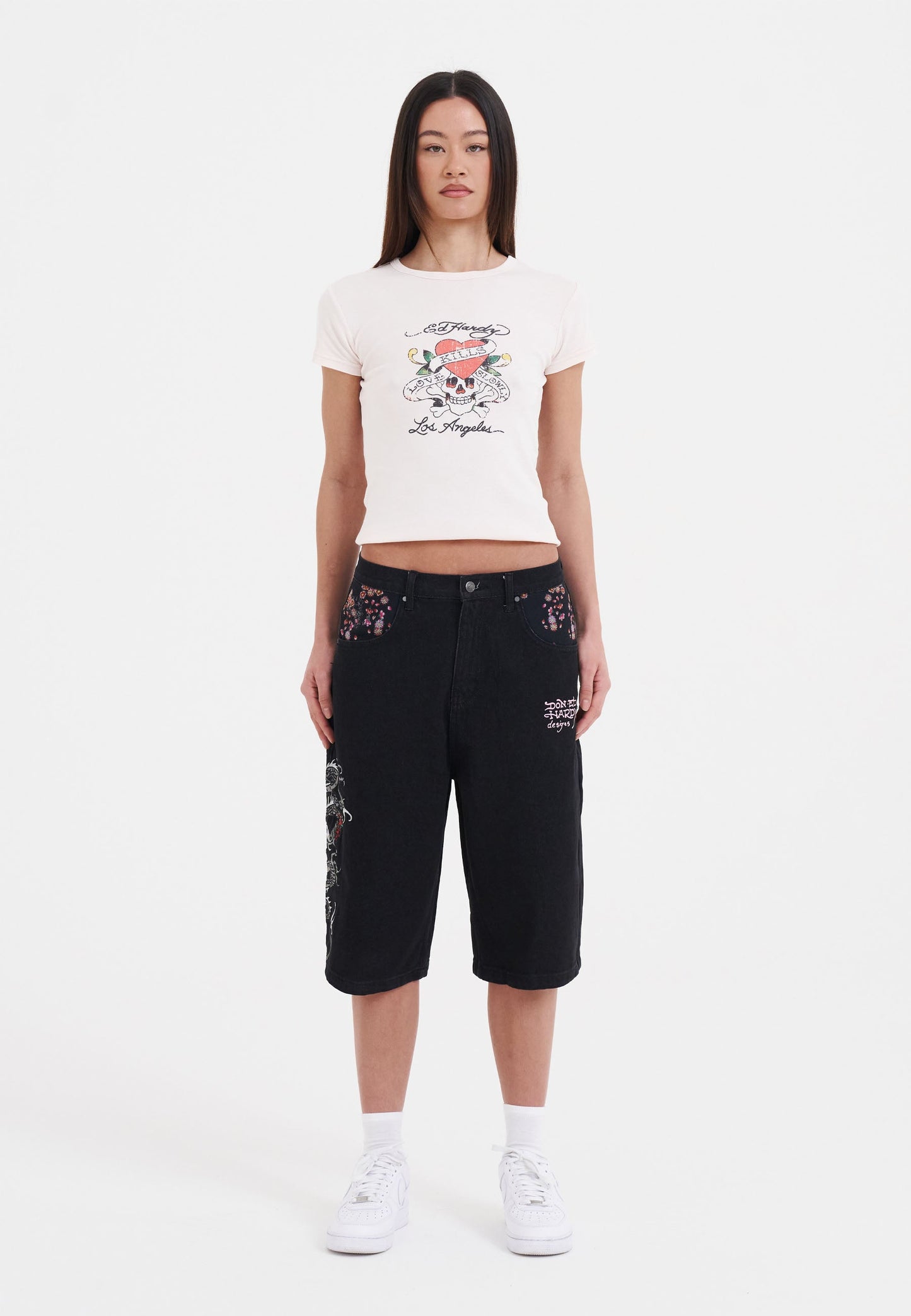 Womens Grey Dragon Relaxed Denim Jorts Shorts - Black