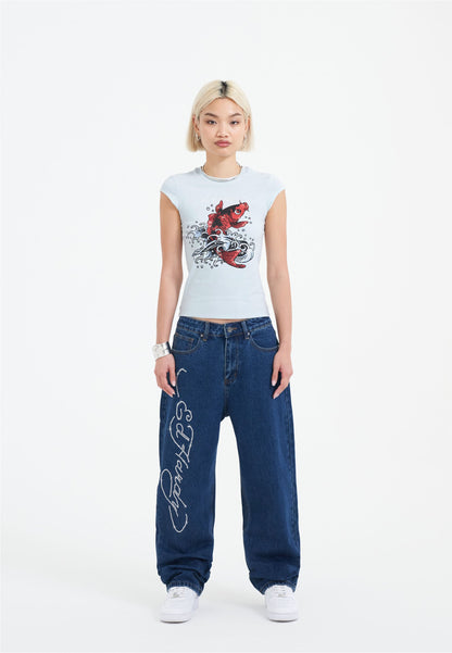 Womens Koi Wave Diamante Cap Sleeve Tshirt Top - Blue