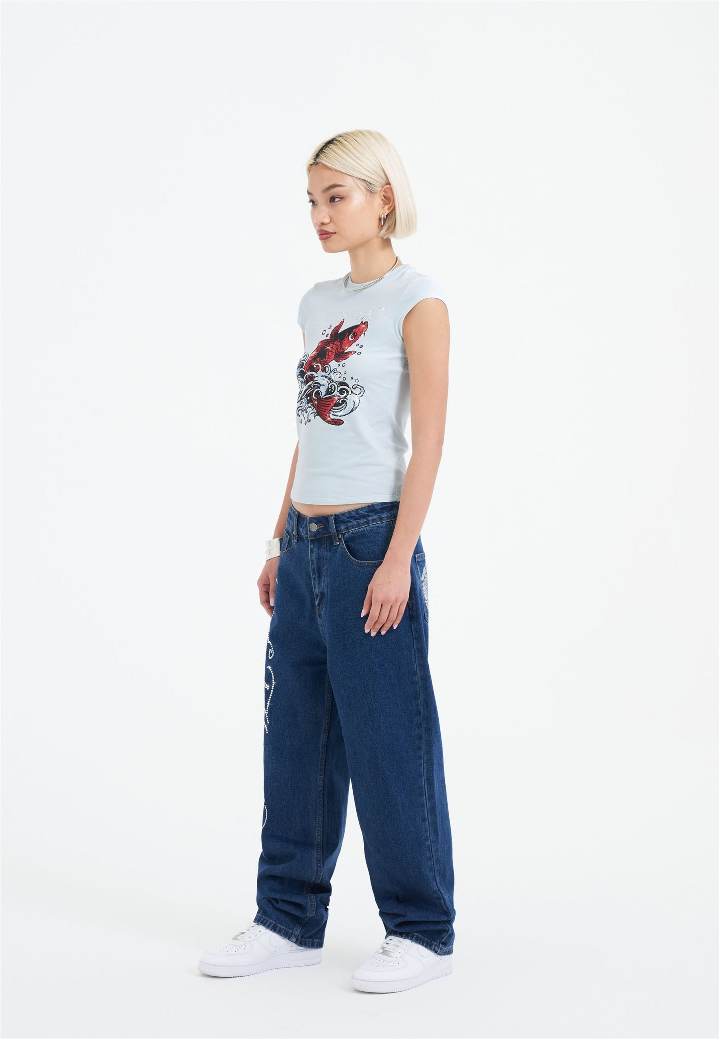 Womens Koi Wave Diamante Cap Sleeve Tshirt Top - Blue