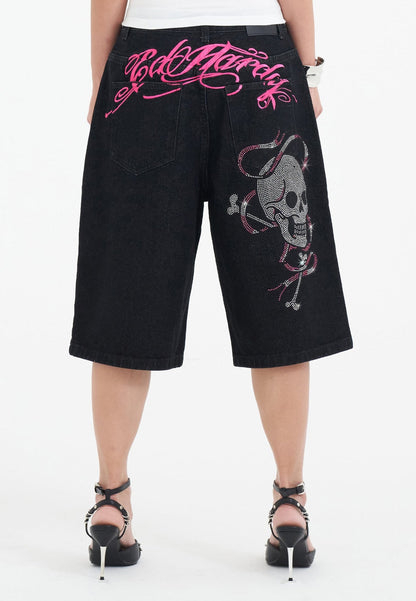 Womens Love Wrapped Diamante Denim Jorts Shorts - Black