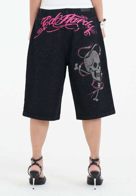 Womens Love Wrapped Diamante Denim Jorts Shorts - Black