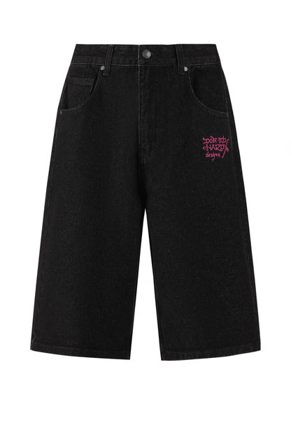 Womens Love Wrapped Diamante Denim Jorts Shorts - Black