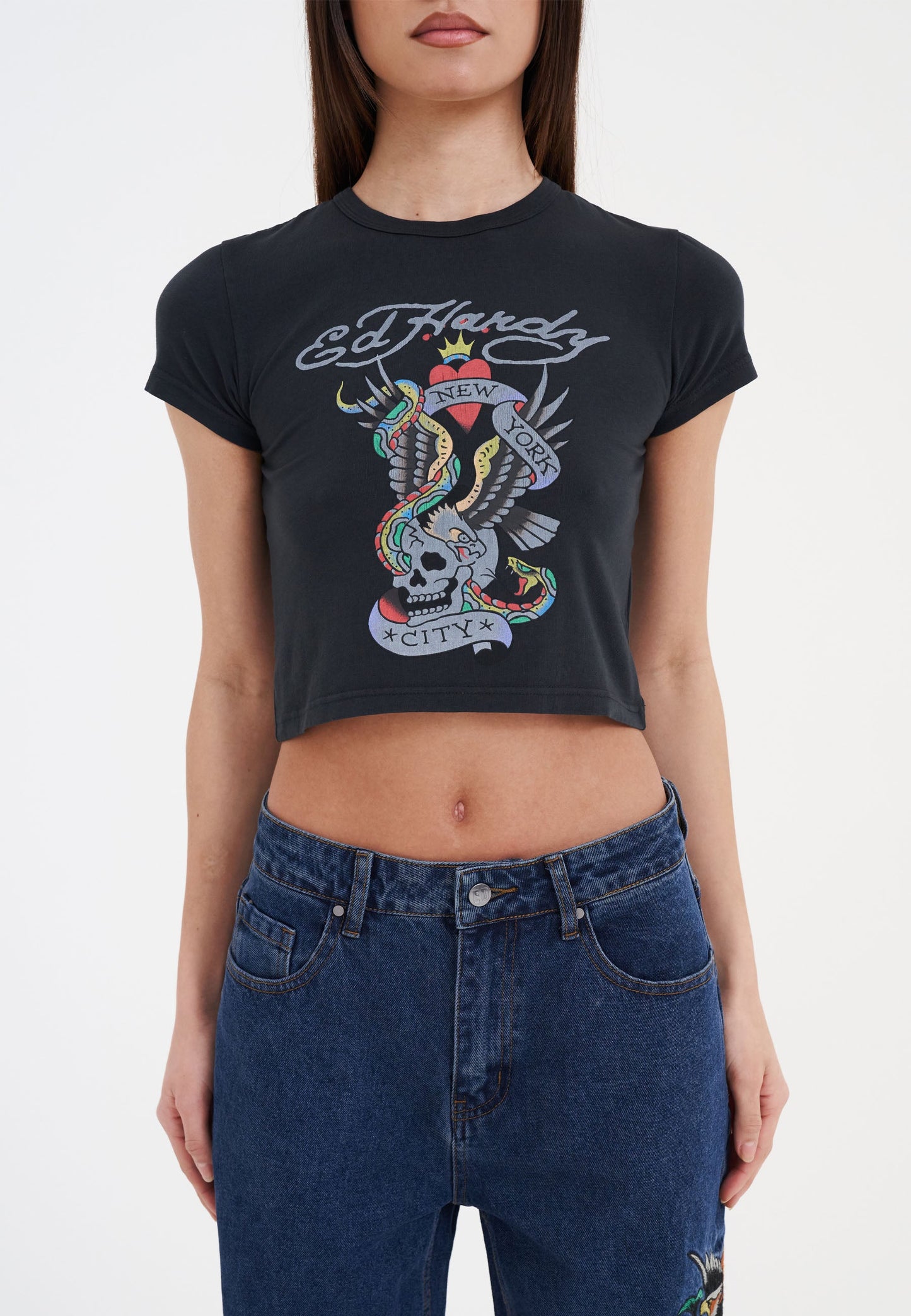 Womens New York City Cropped Baby Tshirt Top - Black