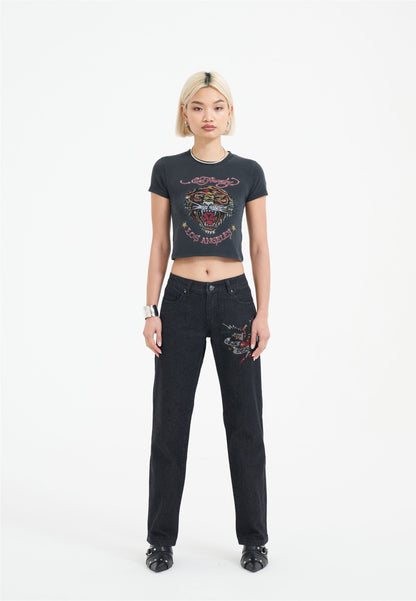 Womens True Death Diamante Straight Denim Trousers Jeans - Black