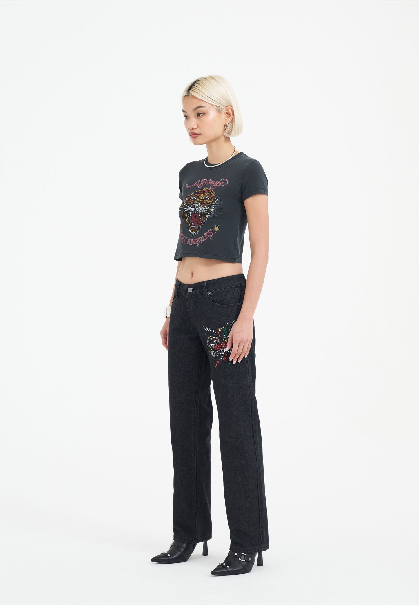 Womens True Death Diamante Straight Denim Trousers Jeans - Black