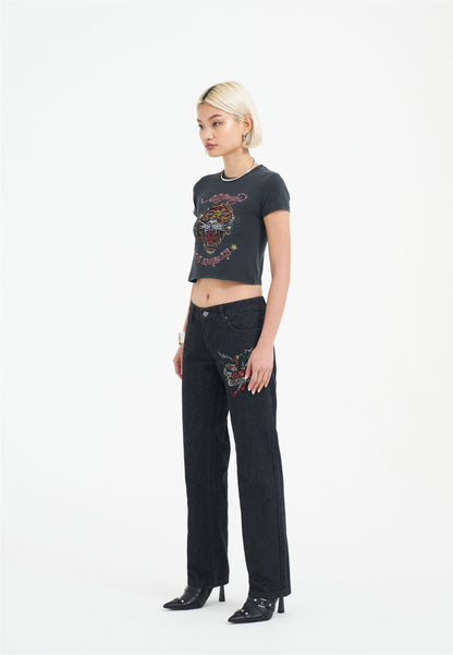 Womens True Death Diamante Straight Denim Trousers Jeans - Black
