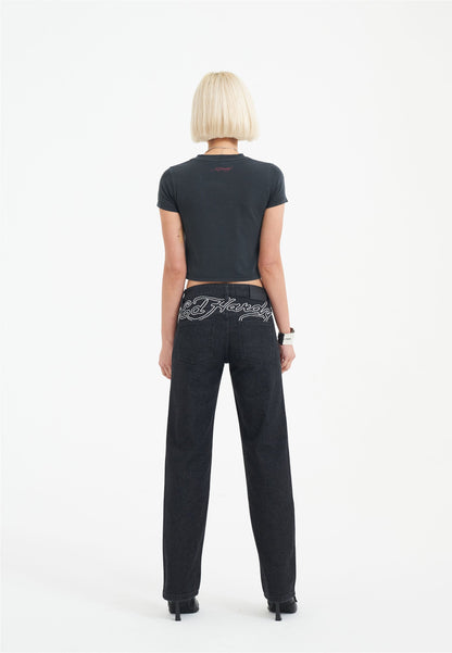 Womens True Death Diamante Straight Denim Trousers Jeans - Black
