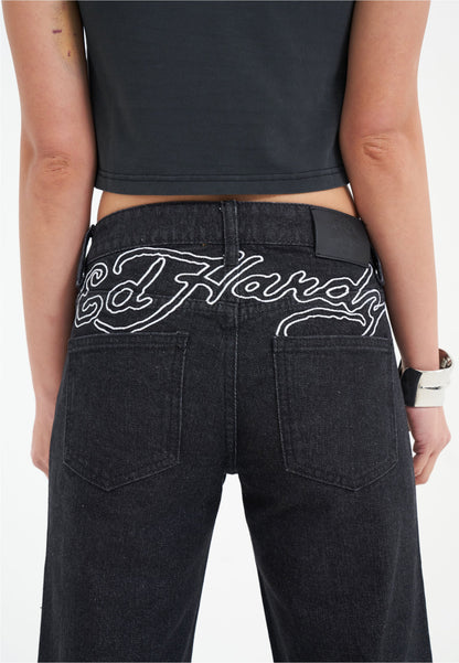 Womens True Death Diamante Straight Denim Trousers Jeans - Black