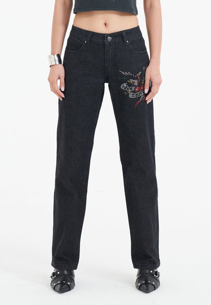 Womens True Death Diamante Straight Denim Trousers Jeans - Black