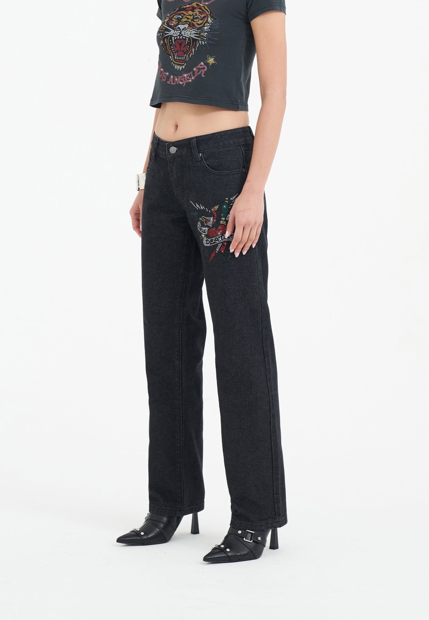 Womens True Death Diamante Straight Denim Trousers Jeans - Black