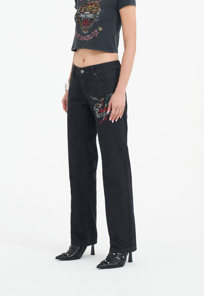 Womens True Death Diamante Straight Denim Trousers Jeans - Black