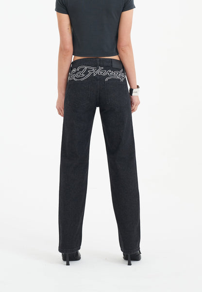 Womens True Death Diamante Straight Denim Trousers Jeans - Black