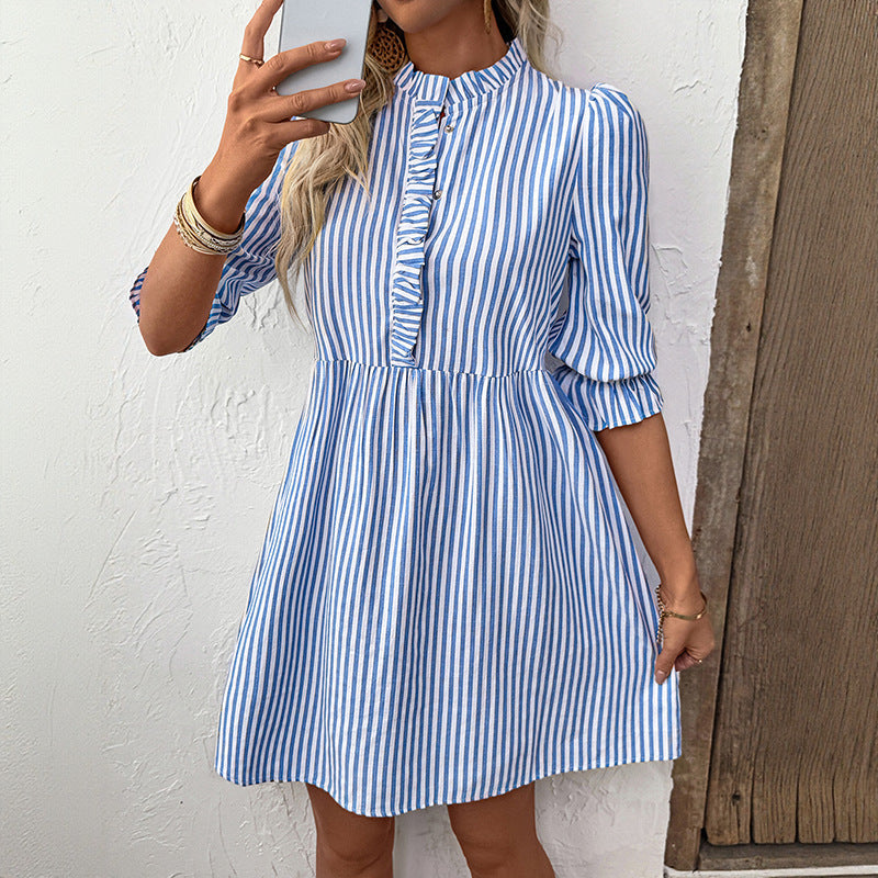 European and American women's vertical striped shirt dress