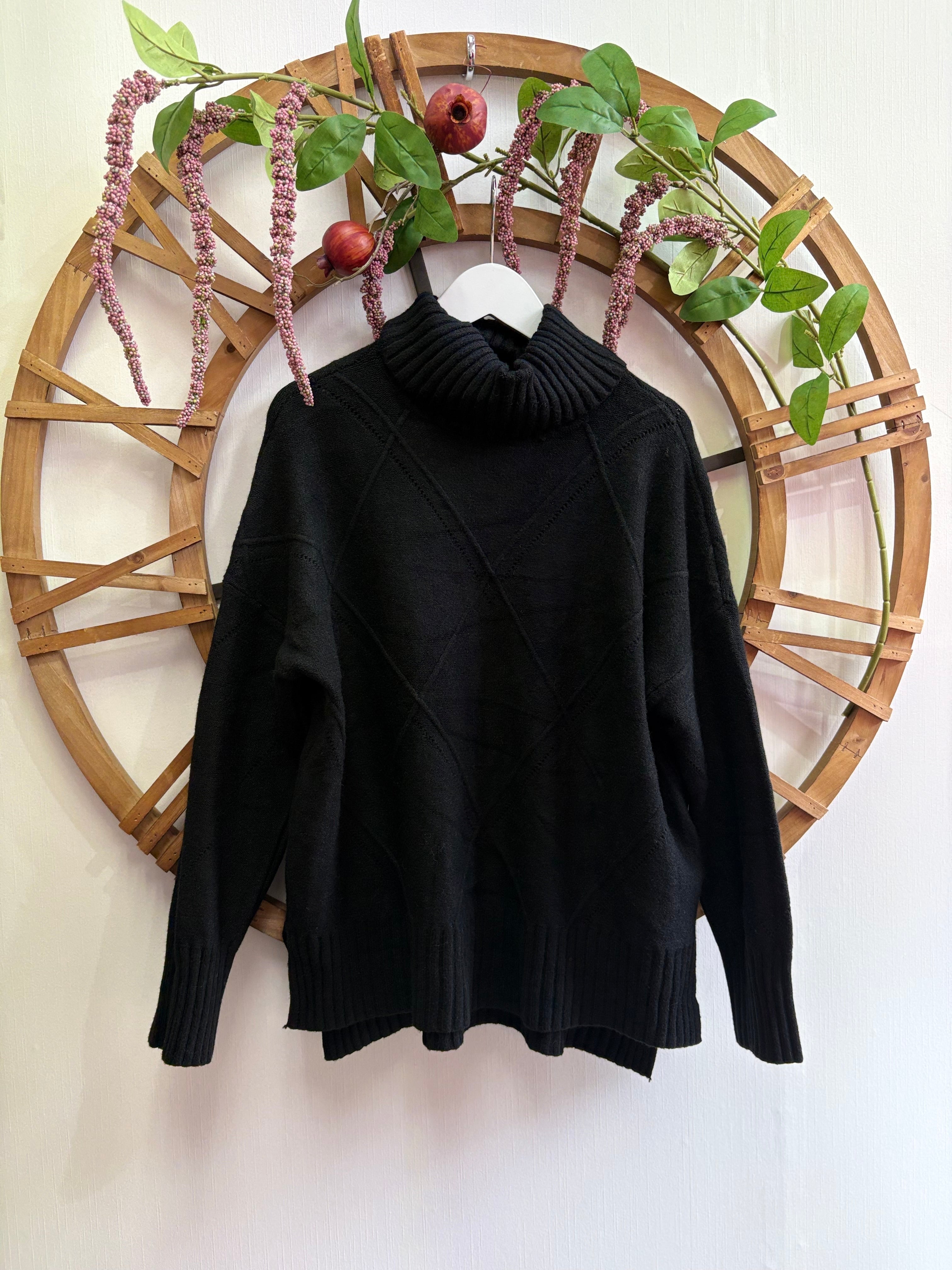 Luxtyle Roll Neck Diamond Knit Jumper – Khaki, Black or Berry (One Size up to 18)