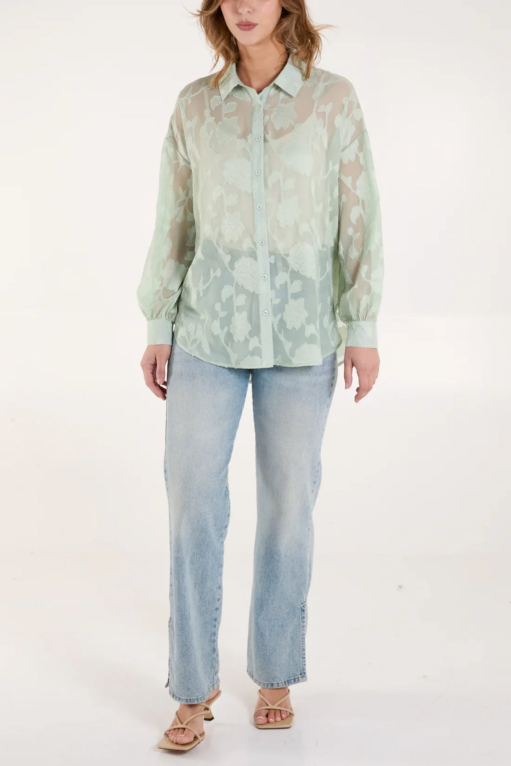 Sheer Floral Devore Shirt Mint | Lightweight Button-Up Blouse