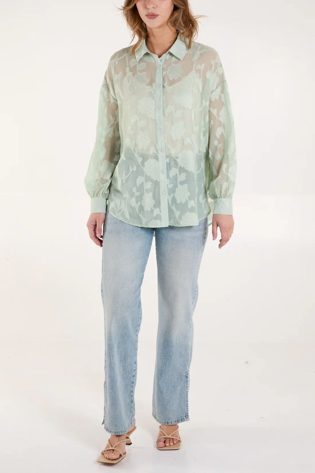Sheer Floral Devore Shirt Mint | Lightweight Button-Up Blouse