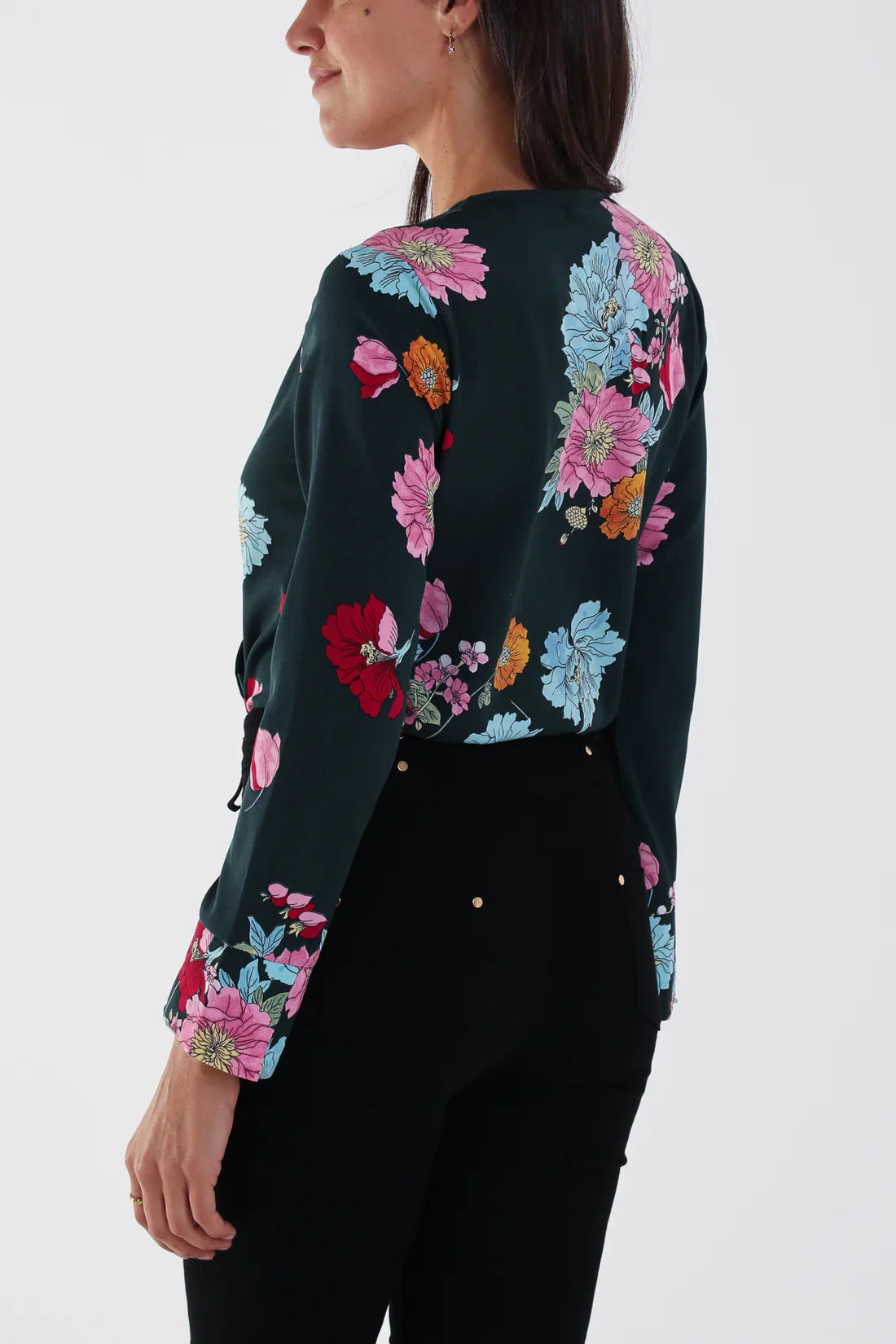 Wrap Front Floral Bodysuit | Long Sleeve V-Neck | Sizes 10–16