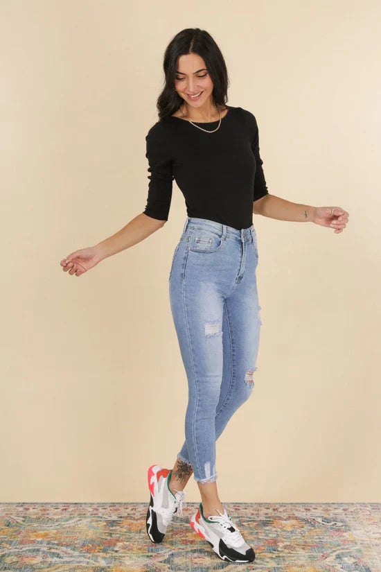 G Smack High Waist Distressed Jeans | Style SKF 4090 | Stretch Ankle Grazer Denim