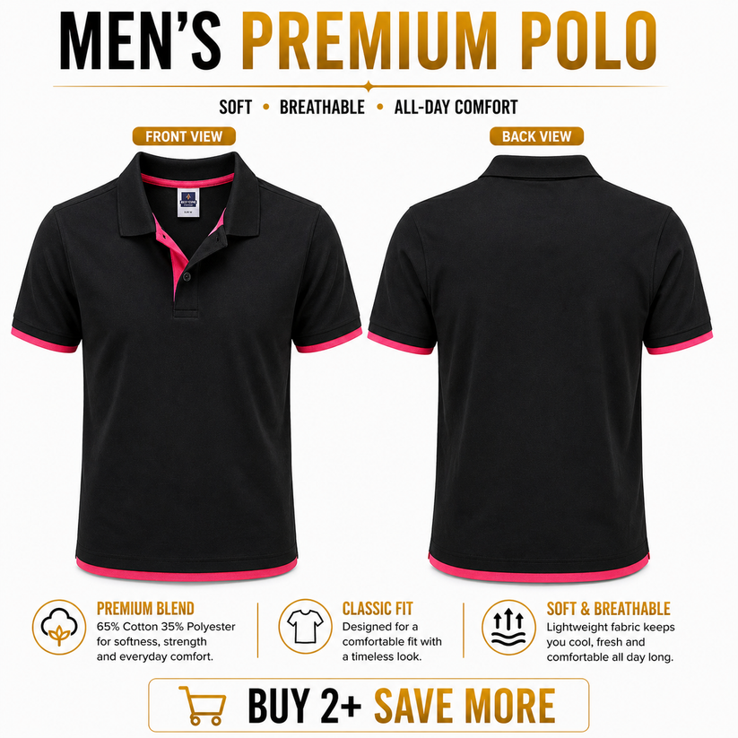 Black polo shirt with pink accents on a white background, showing front and back views.