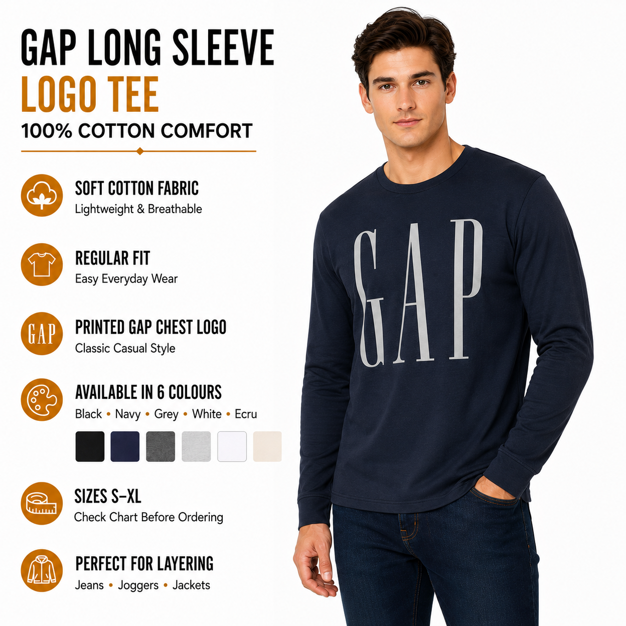 GAP Mens Long Sleeve Logo T-Shirt 100% Cotton Crew Neck Casual Top S-XL