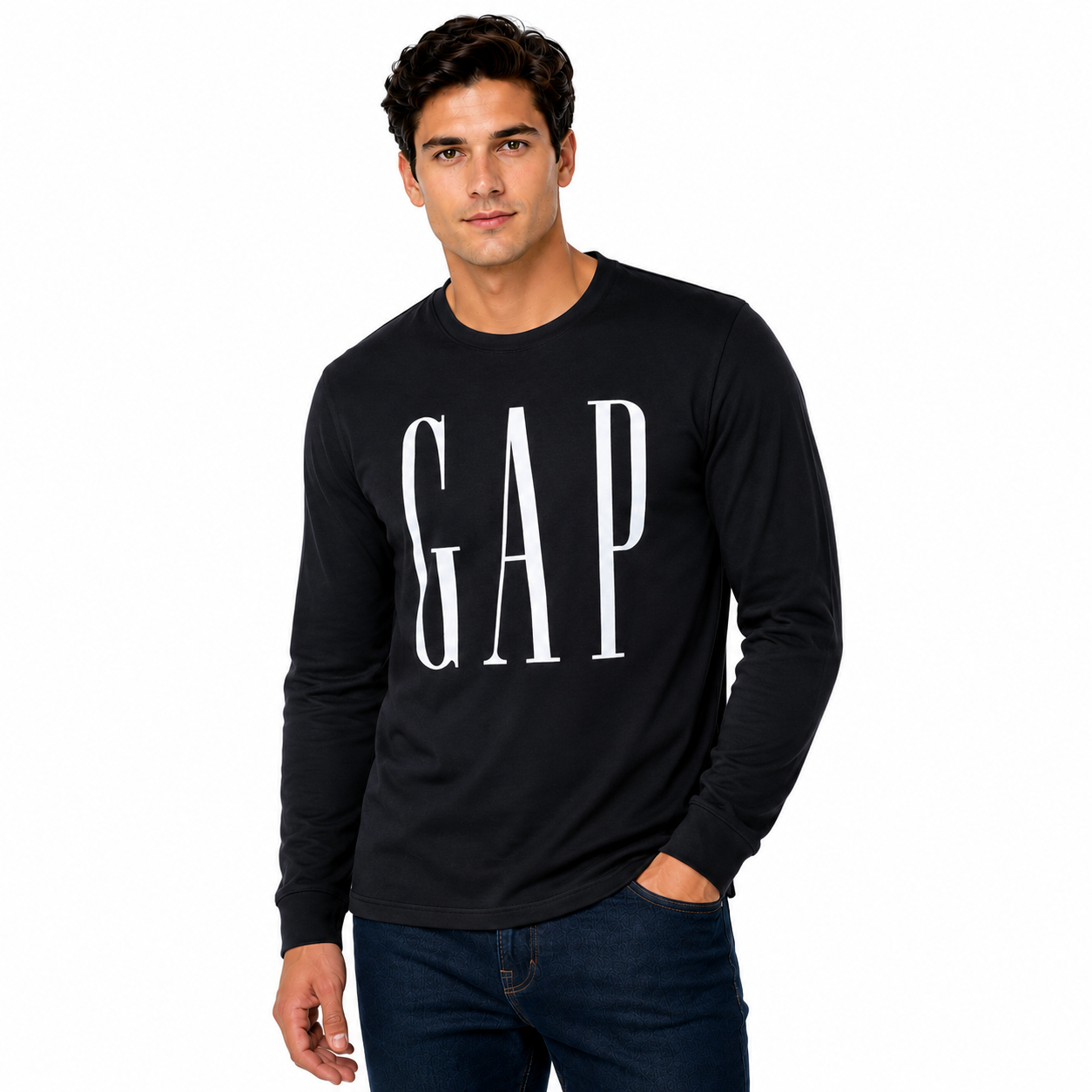 GAP Mens Long Sleeve Logo T-Shirt 100% Cotton Crew Neck Casual Top S-XL