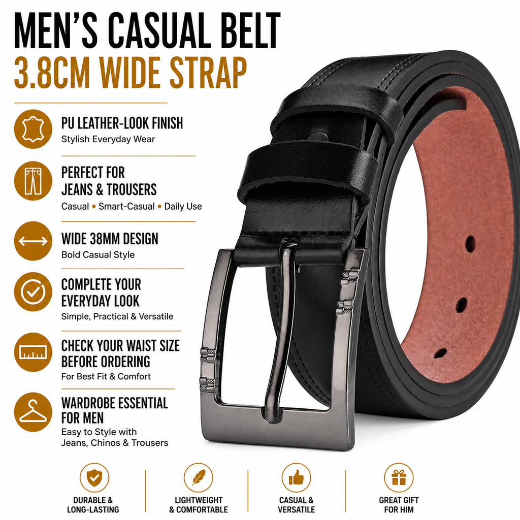 Mens PU Leather Casual Belt 3.8cm Wide Jeans Trousers Waist Strap UK