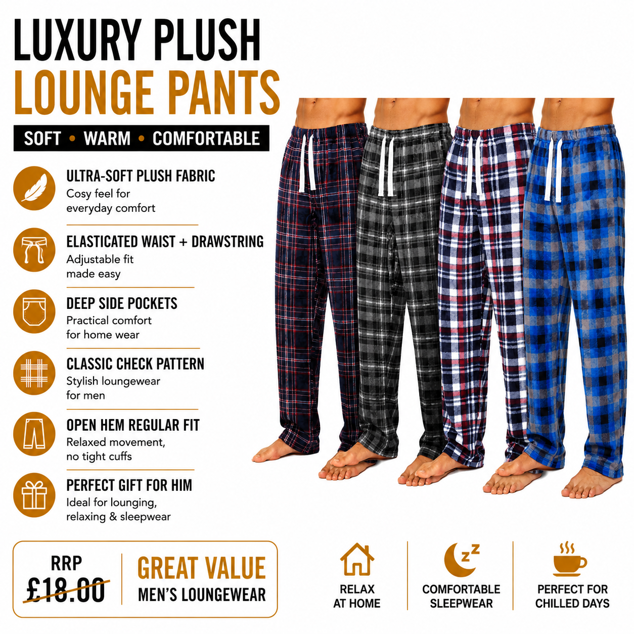 Mens Plush Check Lounge Pants Soft Pyjama Bottoms PJs Drawstring Pockets - QHA UK