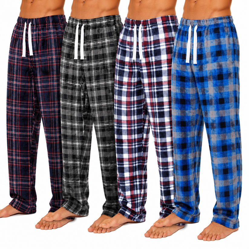 Mens Plush Check Lounge Pants Soft Pyjama Bottoms PJs Drawstring Pockets - QHA UK